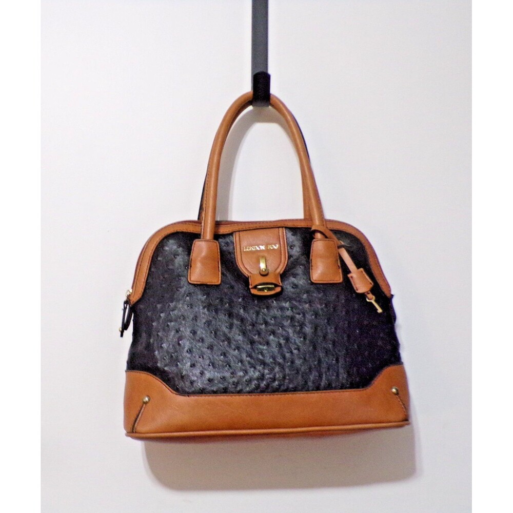 London Fog Black & Brown Handbag Tote with Gold Accents Zipp‎ Lock & Key